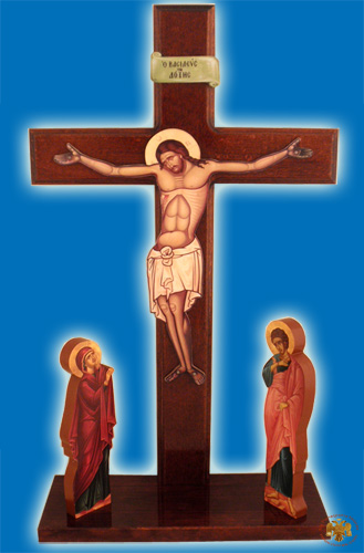 Cross Orthodox Wooden Crucifixion Golgotha with Theotokos and Saint John the Evangelist Lipiteron 50x98cm